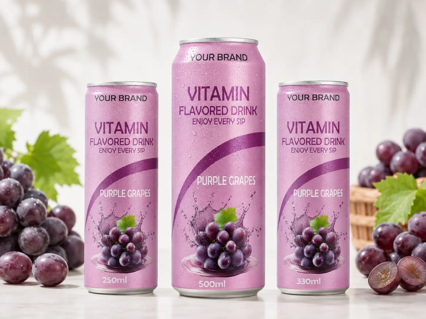 VITAMIN FLAVORED DRINK Purple Grapes flavour in 250ml, 500ml, and 330ml cans.